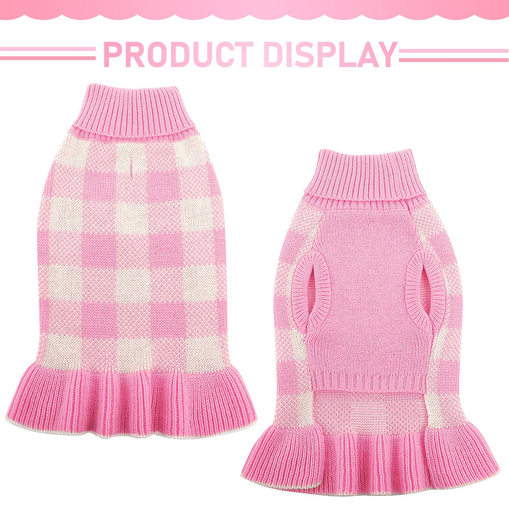 KAMA BRIDAL dog sweater dress pink plaid back view keeps dogs warm during chilly outings
