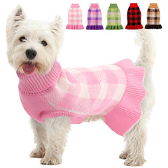 KAMA BRIDAL dog sweater dress in pink plaid front view offers cozy warmth for winter walks