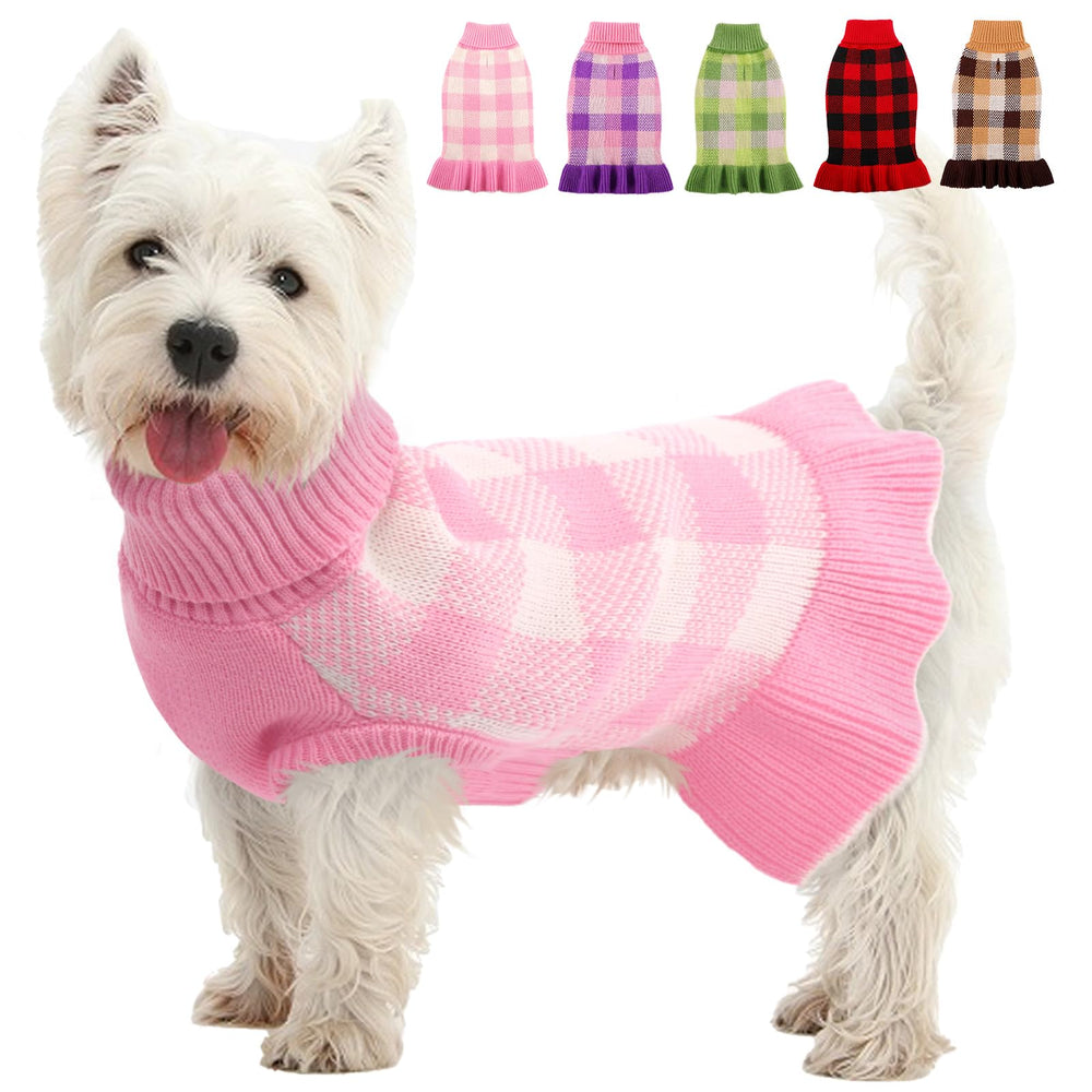 Kama Bridal dog sweater dress plaid knitwear close-up shows cozy warmth for winter walks.