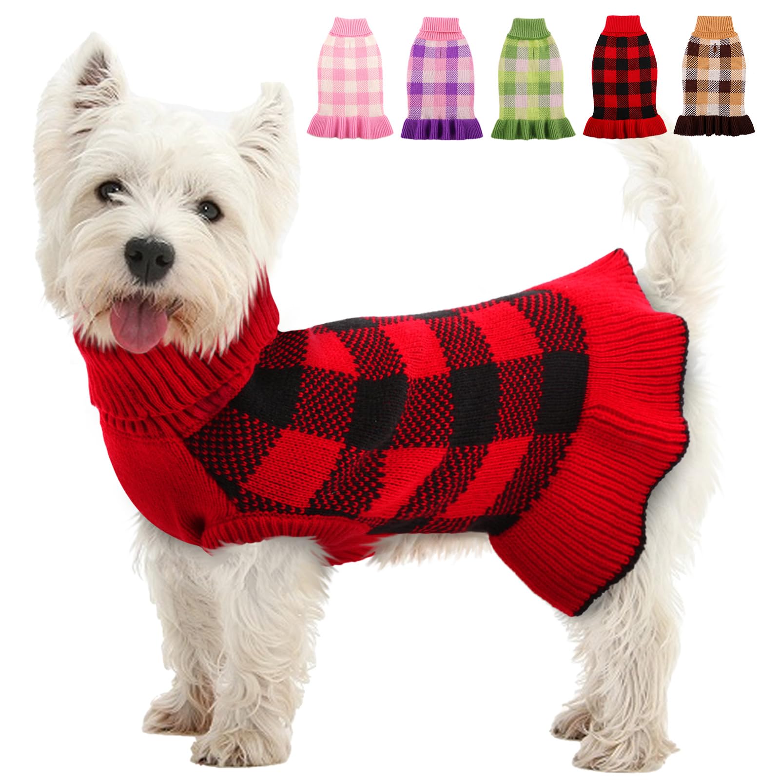 KAMA BRIDAL dog sweater red plaid front view for warm winter outings
