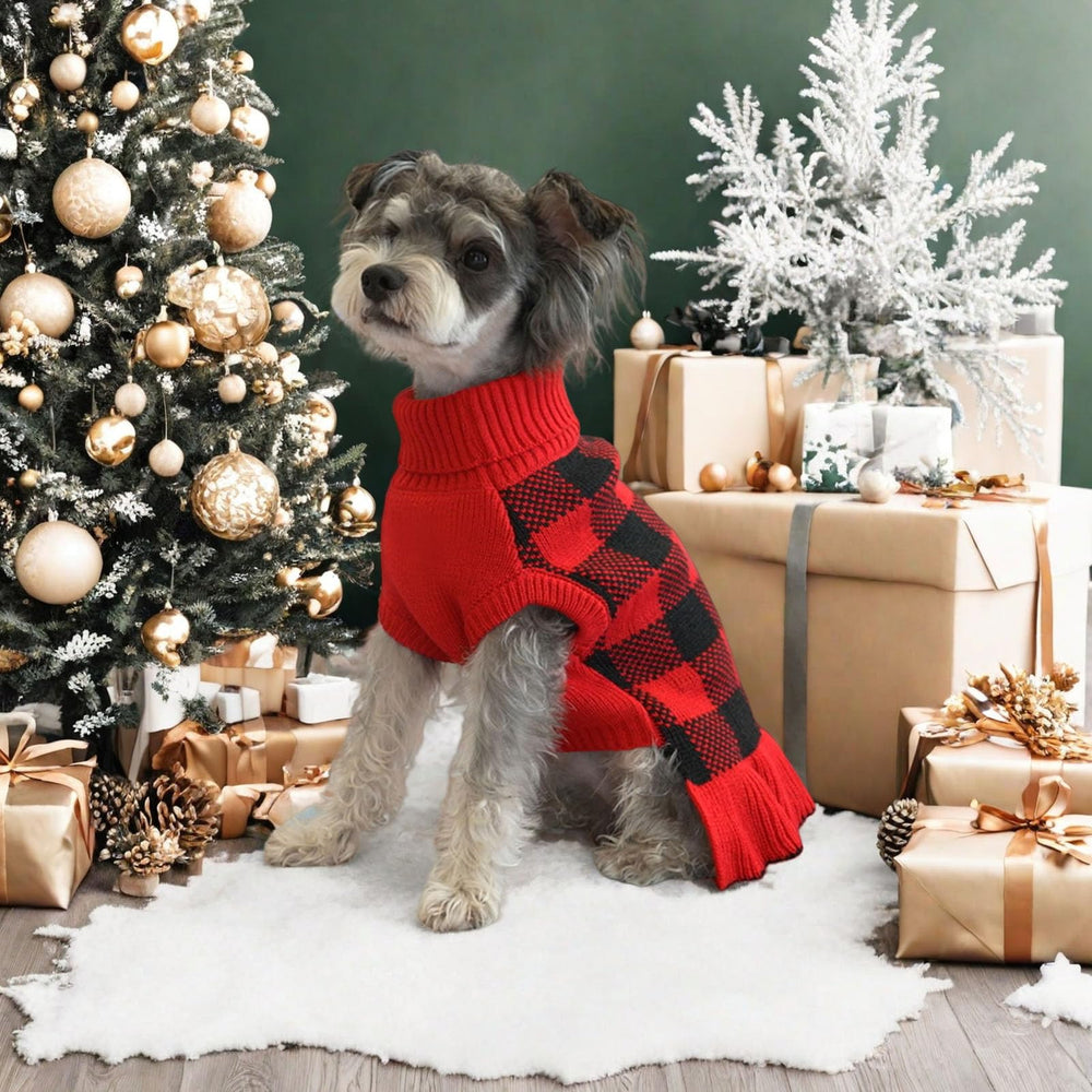 KAMA BRIDAL dog sweater red plaid close-up of the turtleneck warmth