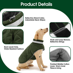 KAMA BRIDAL dog winter coat green back view demonstrates full coverage.