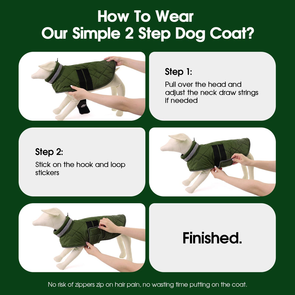 KAMA BRIDAL dog winter coat green inner fleece detail promotes cozy lining.