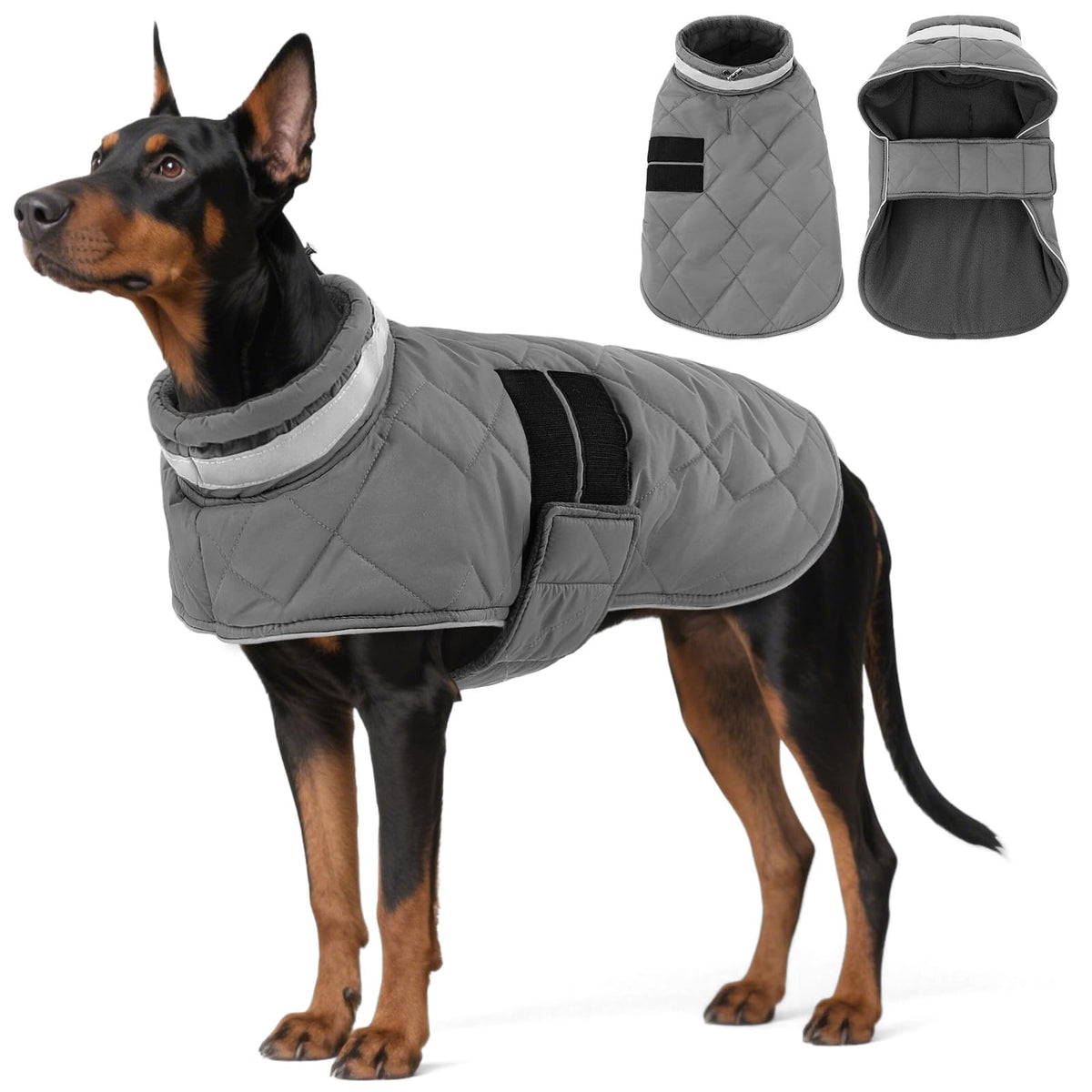 KAMA BRIDAL dog winter coat front view showing warm grey padding and fit for walks