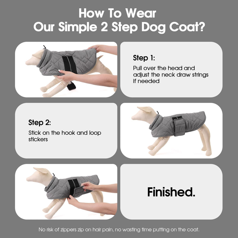 KAMA BRIDAL dog winter coat back view demonstrates snug leash hole for outdoor adventures.