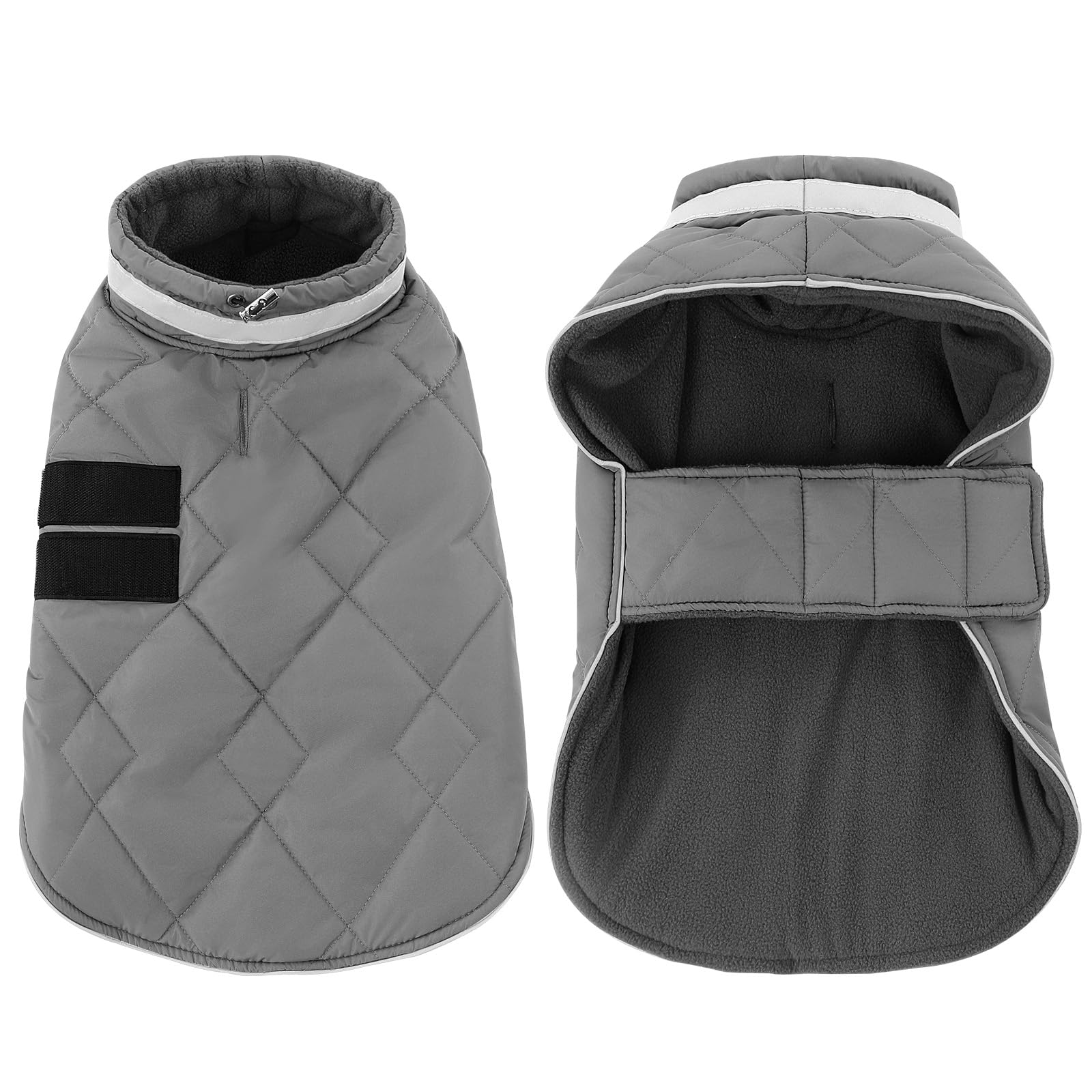 KAMA BRIDAL dog winter coat worn-on-dog demonstrates easy two-step wear.