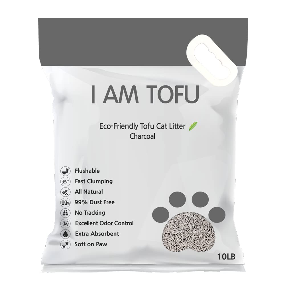 Kamys Zoo I AM TOFU bag front shows charcoal litter that is natural and biodegradable.
