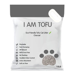Kamys Zoo I AM TOFU bag front shows charcoal litter that is natural and biodegradable.