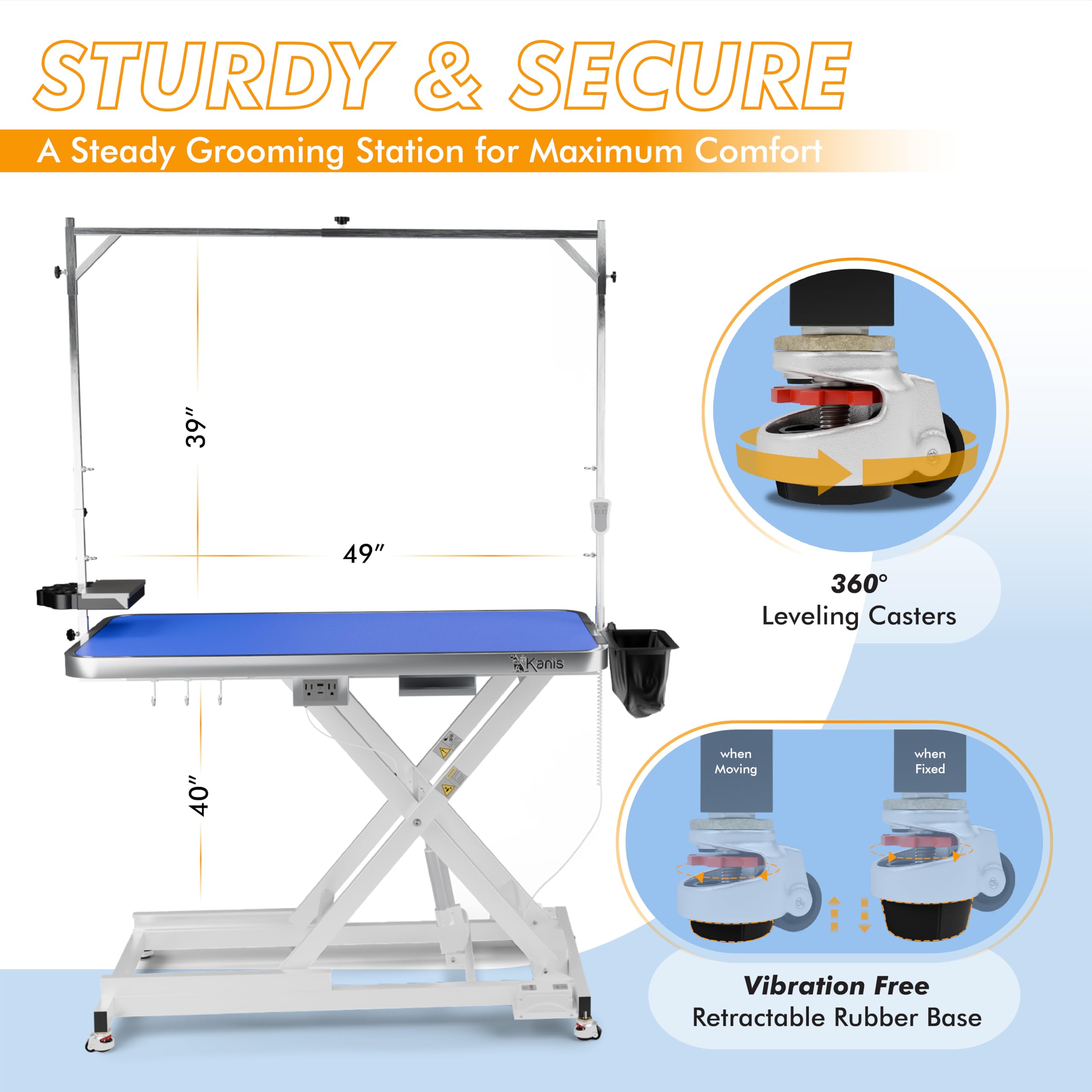 KANIS height adjustment feature shows easy lift from 11.4 to 39 inches.