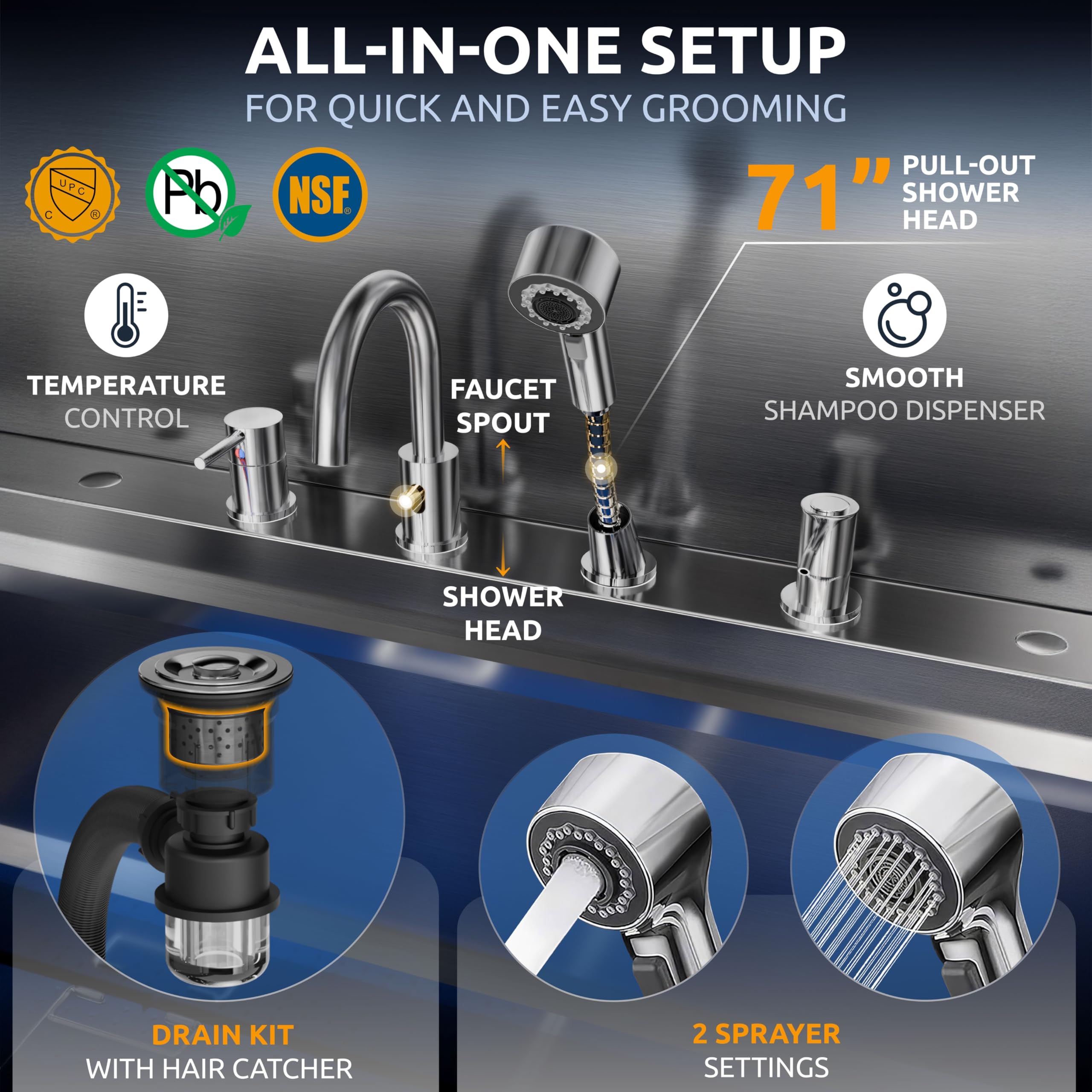 KANIS drain kit with hair trap, helps prevent clogs and simplifies cleanup.
