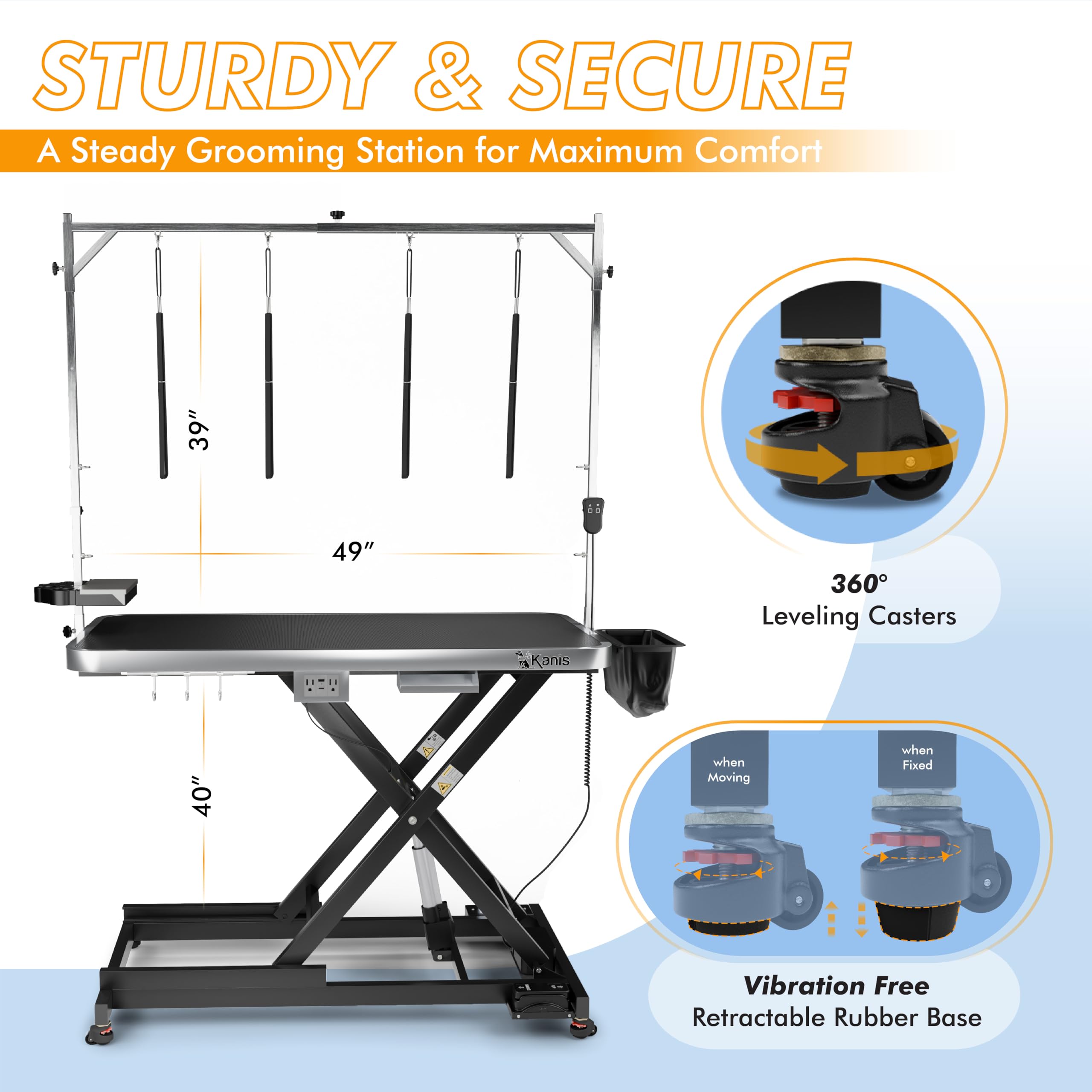 KANIS leveling wheels image emphasizes mobile setup and quick repositioning.
