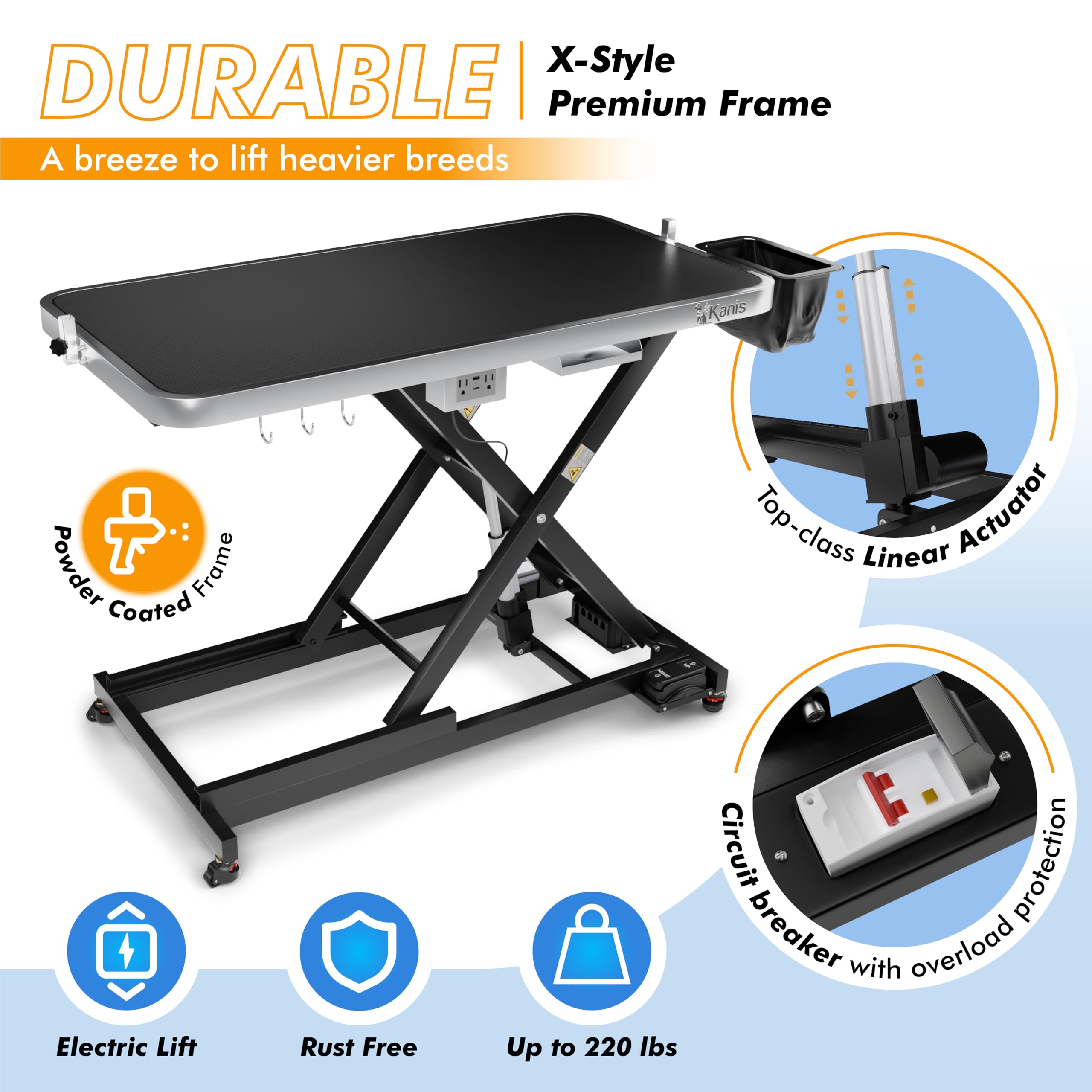 KANIS professional table side view highlights robust frame for quiet operation.