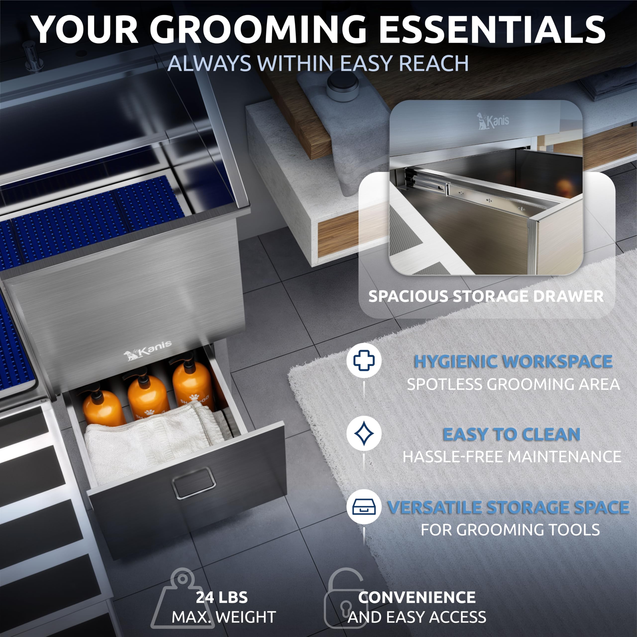 KANIS shampoo dispenser, quick-access cleansing during grooming sessions.