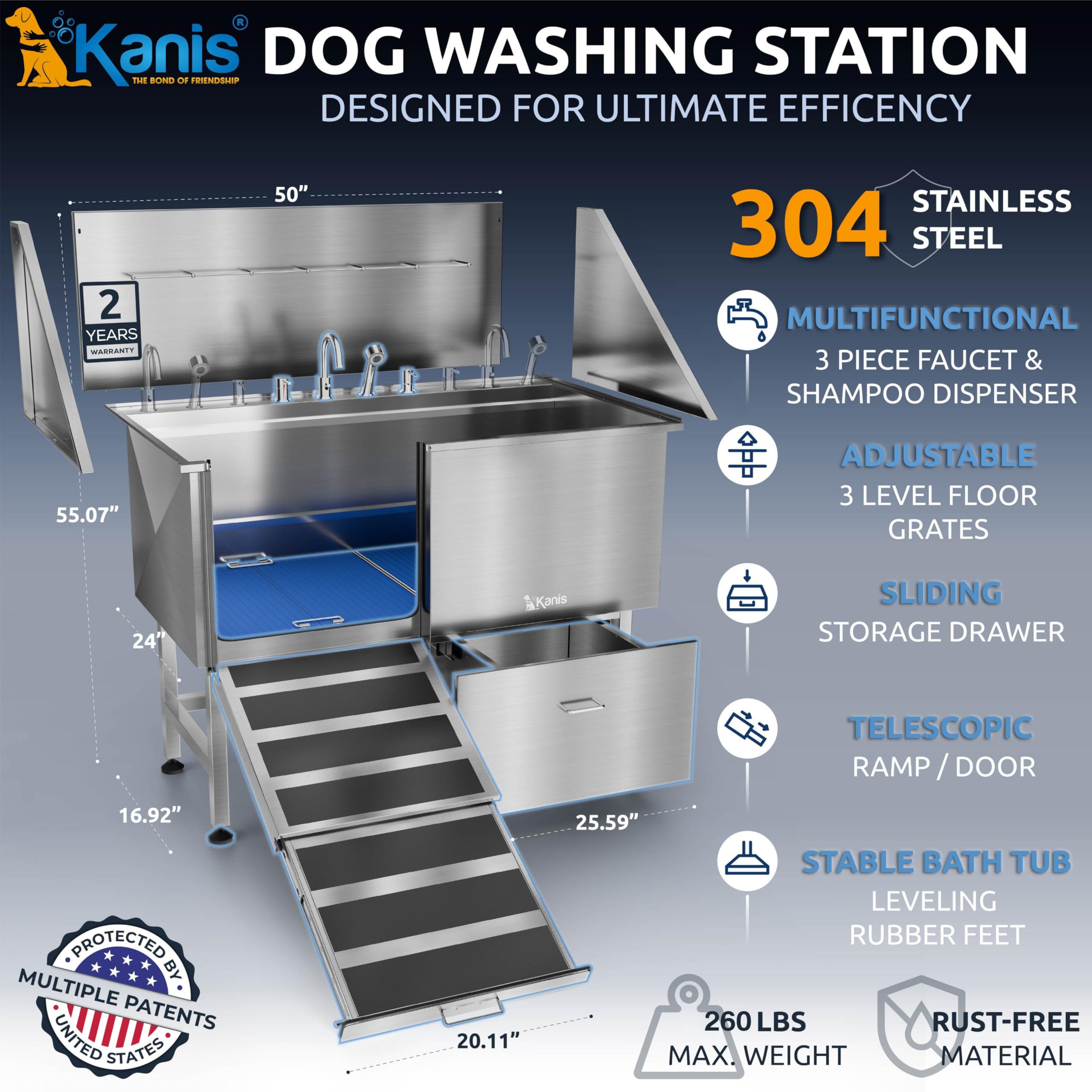 KANIS stainless steel dog bathing tub, corrosion-resistant and durable for frequent grooming.