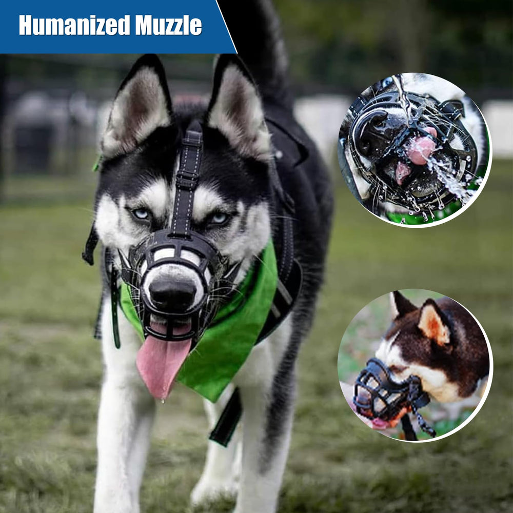 Kanuoc dog muzzle adjustable head and neck fit adapts to different nose shapes.