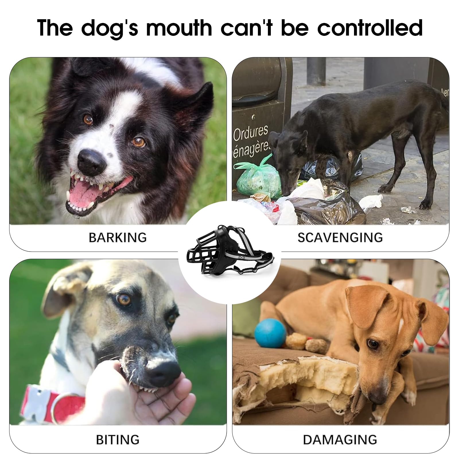 Kanuoc dog muzzle night use with reflective strap enhances safe nighttime strolls.