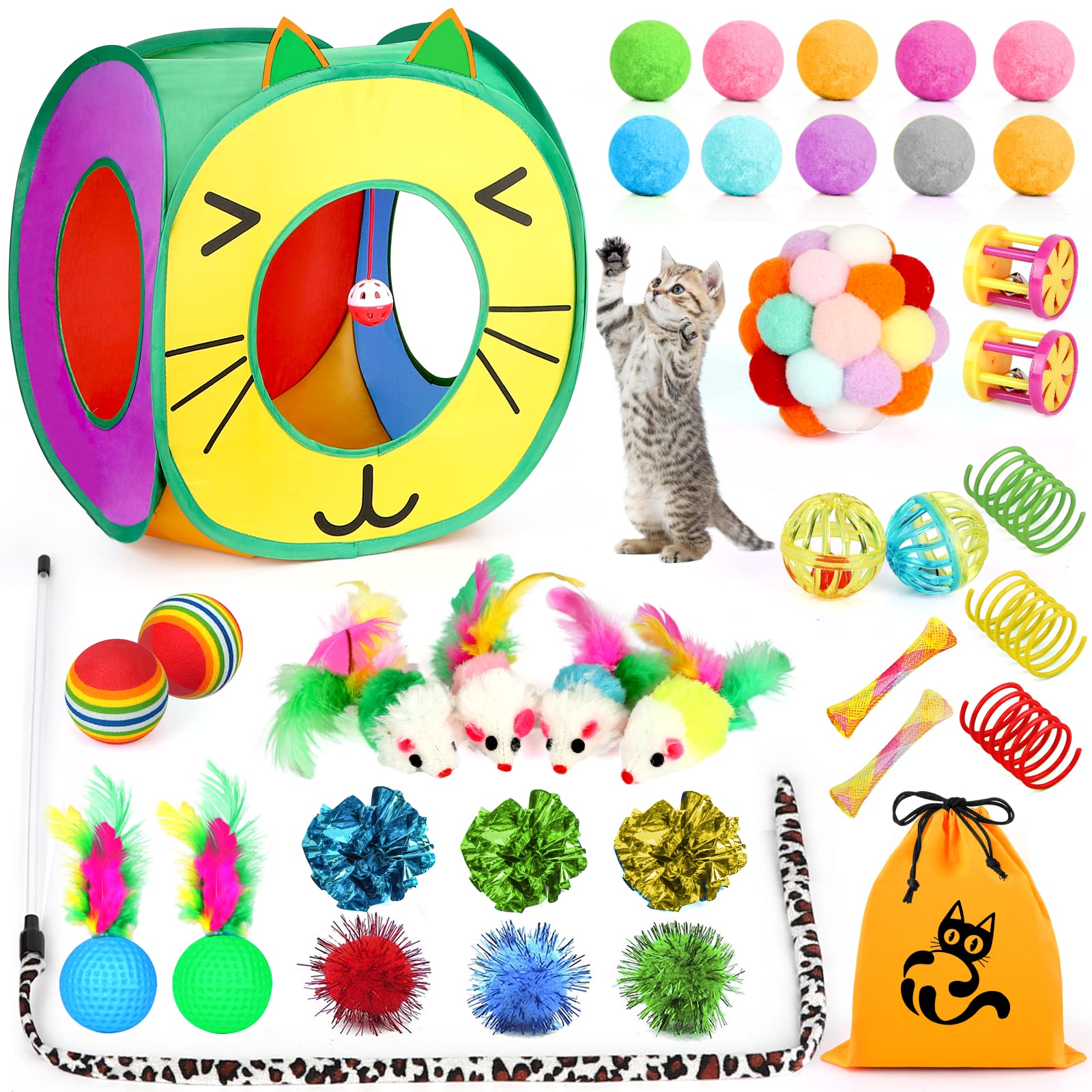 kaqinu 37pc kitten toys rainbow tunnel enhances indoor play with interactive exploration
