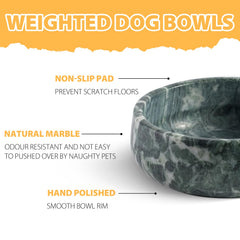 Karibiber natural marble dog bowl Indian Green top view emphasizes sturdy, non-slip base.
