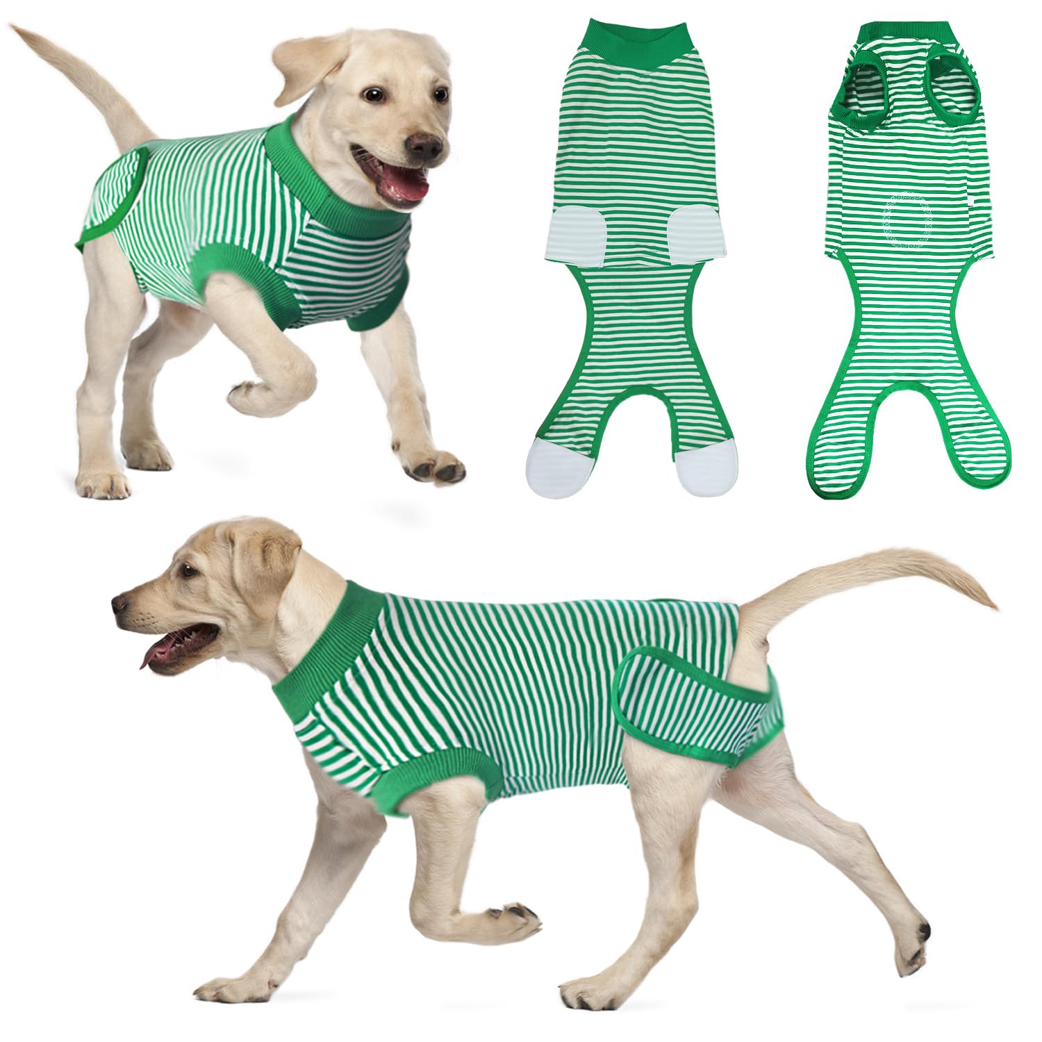 KAROKU dog recovery suit shows soft breathable fabric for comfortable post-surgery wear