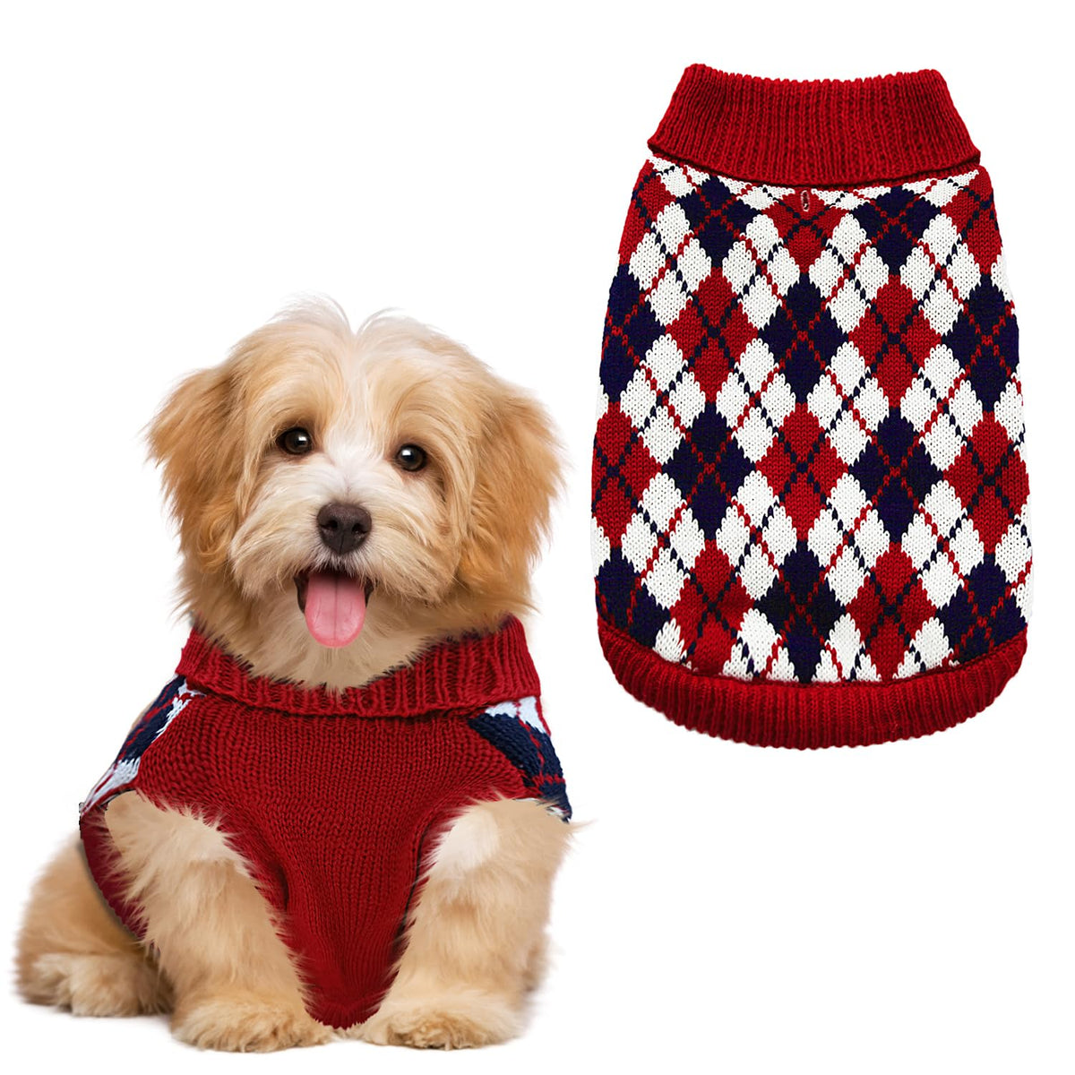 KAROKU dog sweater argyle red front view for chilly walks and festive style.