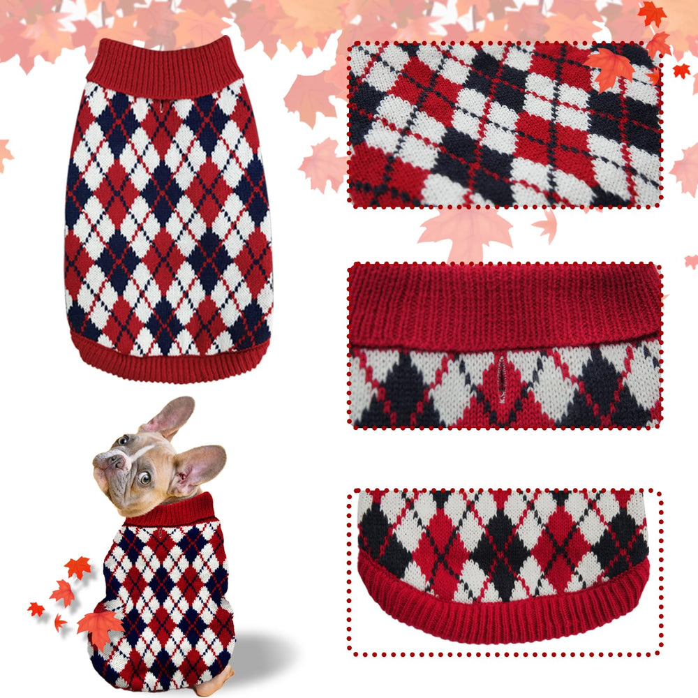 KAROKU dog sweater argyle red side view highlighting warm everyday wear.