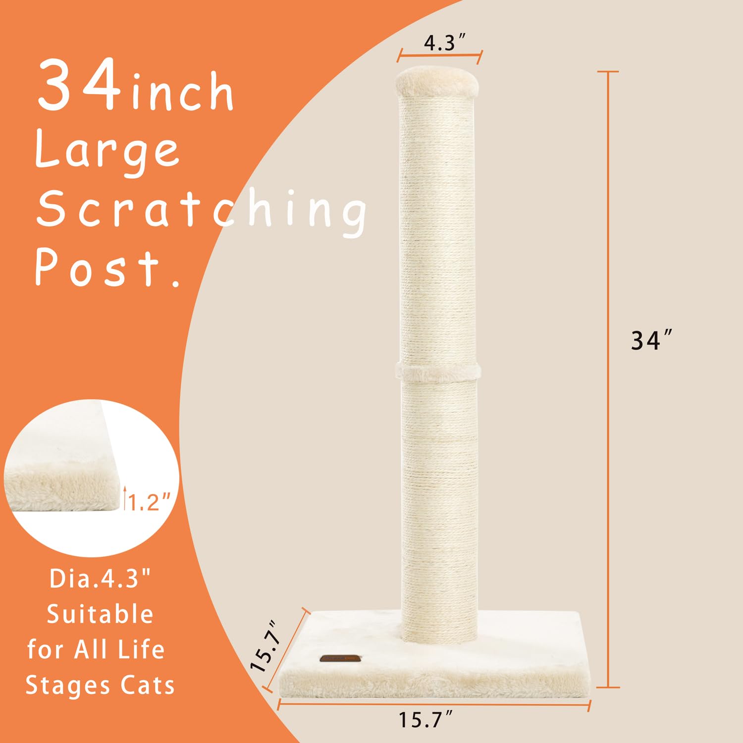 Karolpar 34inch cat scratching post natural sisal rope wrap demonstrates textured scratching surface