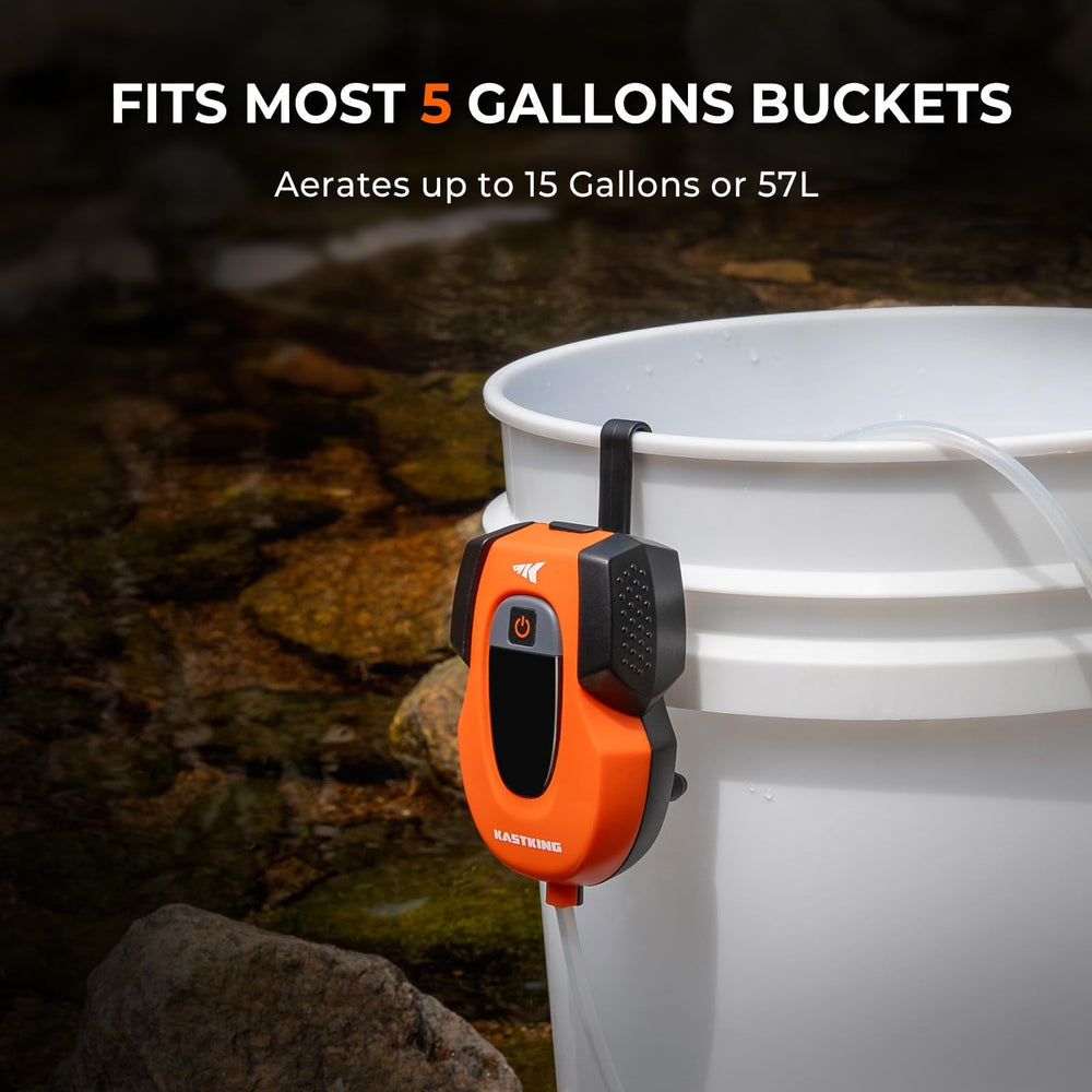 KastKing Li3 aerator hanging hook secures device on bait bucket during fishing.