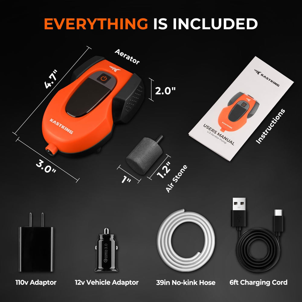 KastKing Li3 aerator package includes battery, adapters, hose, and stone for quick setup.
