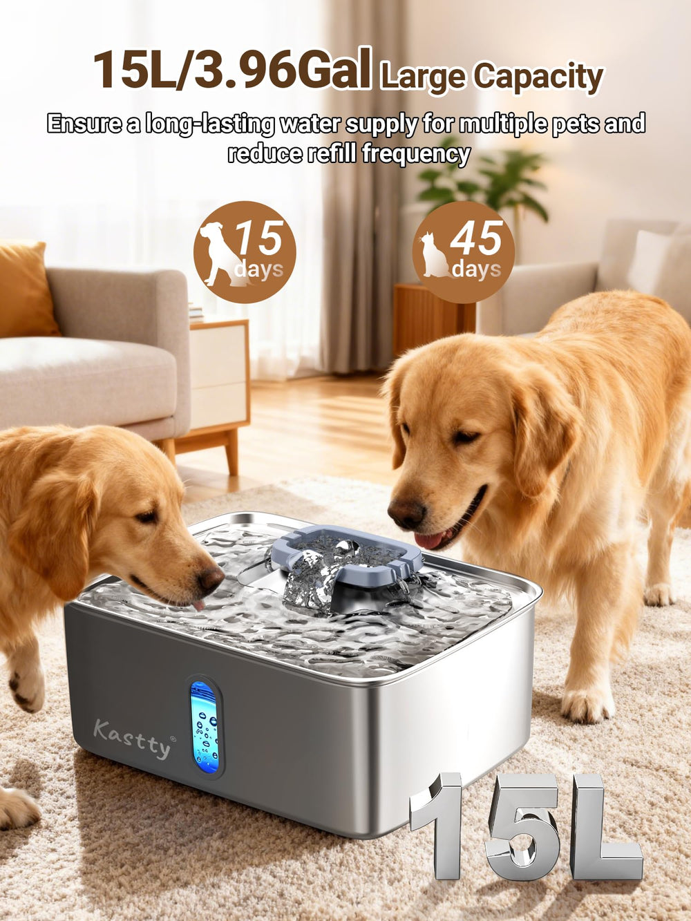Kastty 15L stainless steel dog water bowl showing durable construction