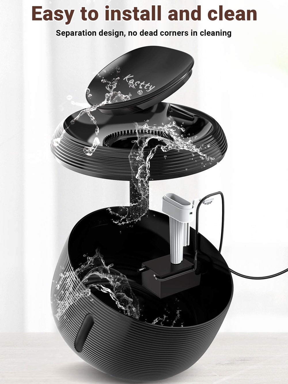 Kastty fountain employs a 3 cm rim to reduce splash around the feeding area.