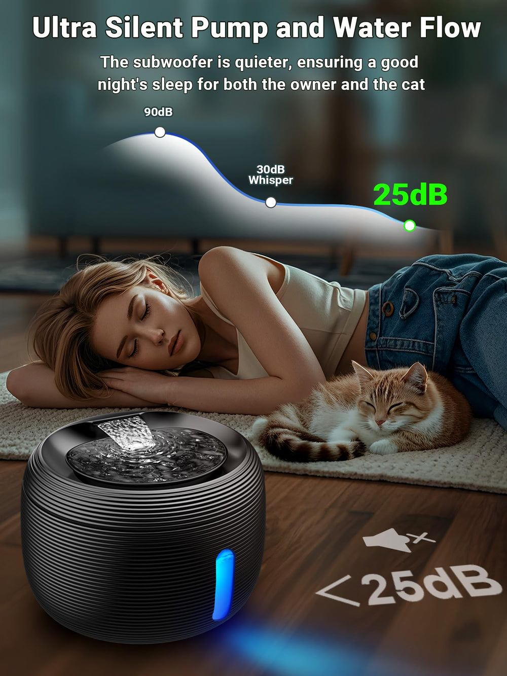 Kastty fountain features ultra-quiet pump designed to minimize background noise.