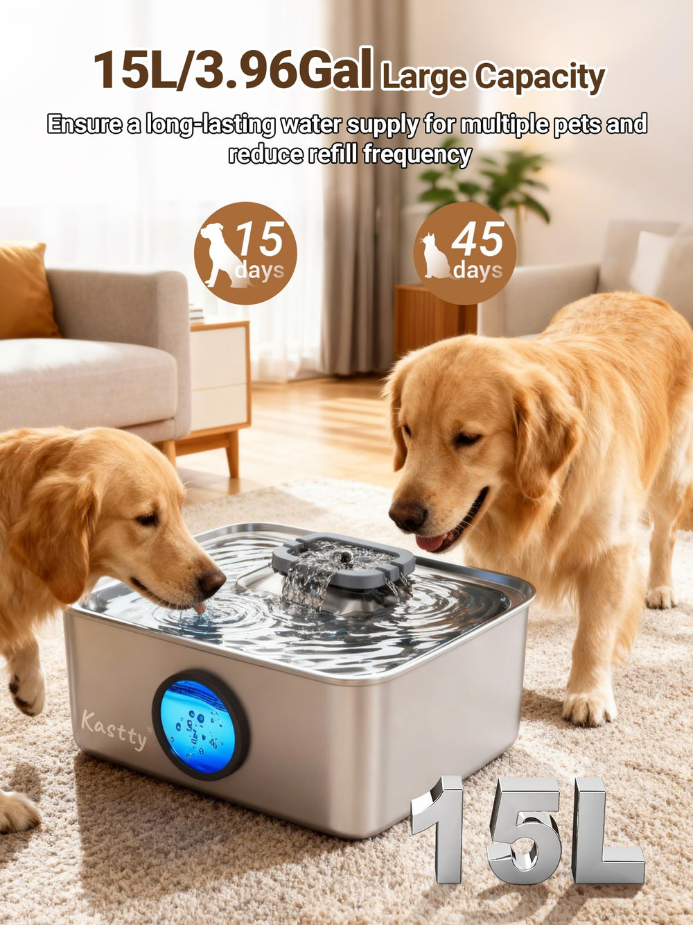 Kastty stainless-steel dog fountain close-up shows durable metal