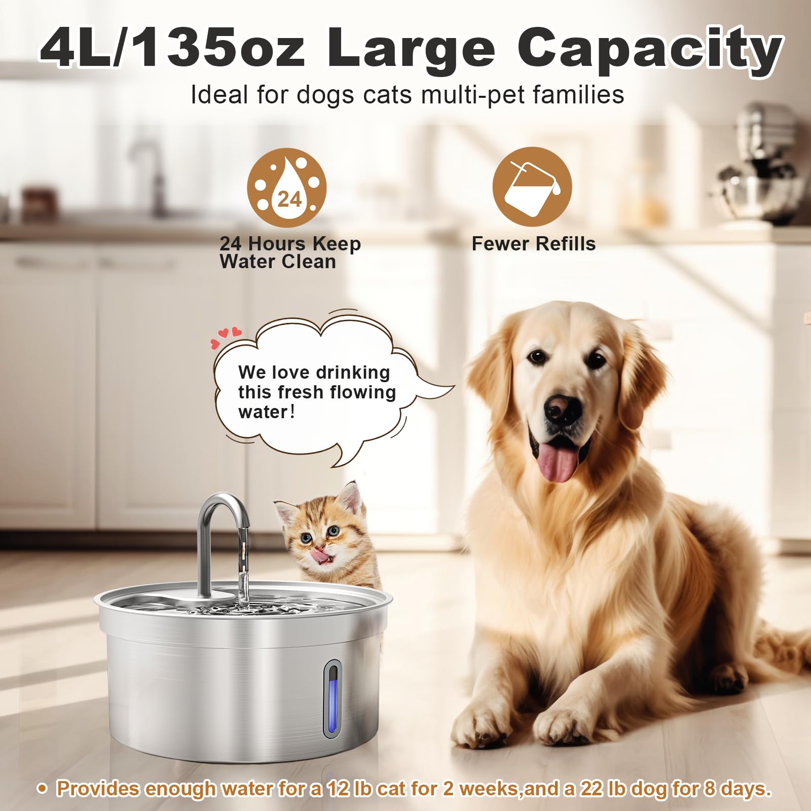 Kastty stainless steel fountain side view emphasizes durable pet hydration solution.