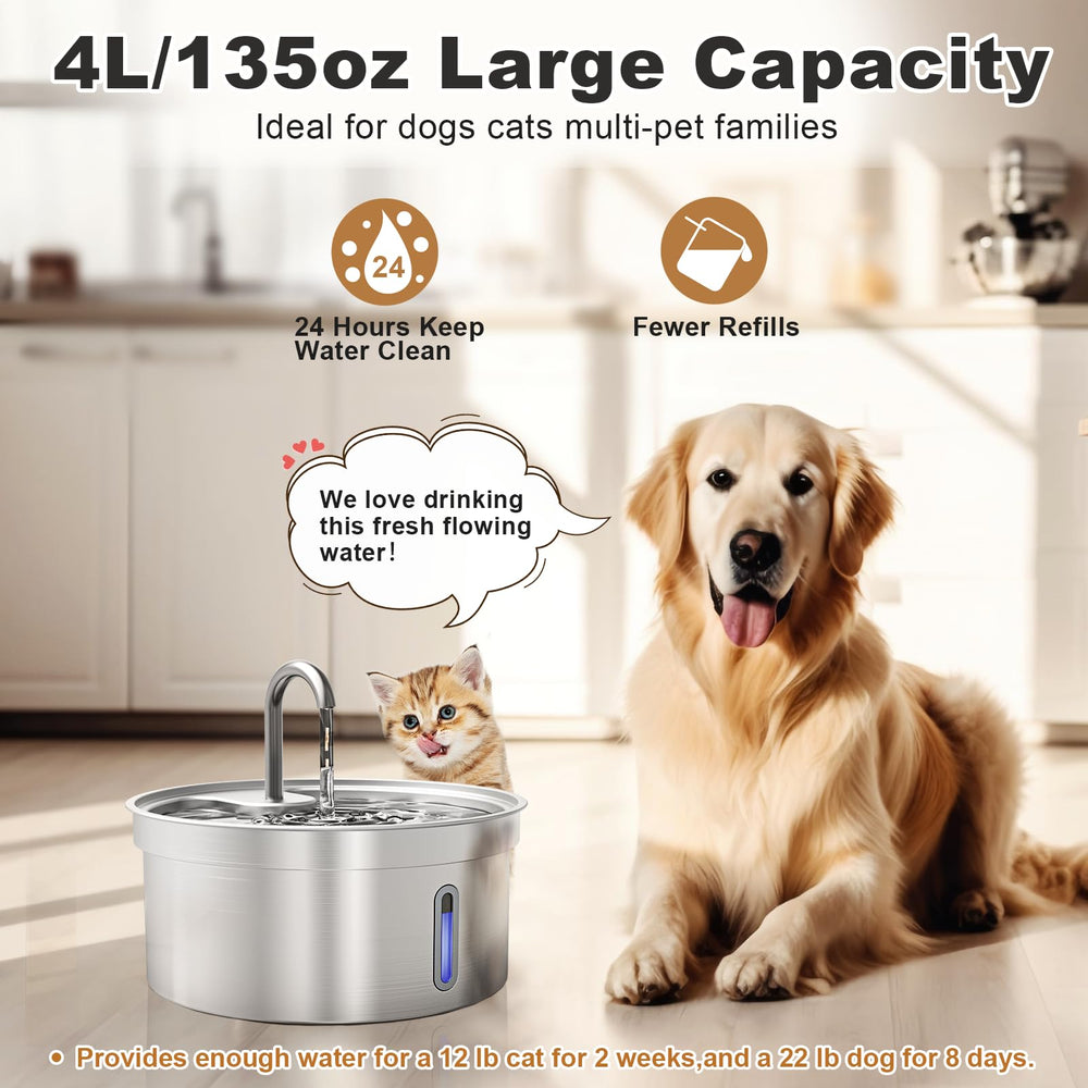 Kastty stainless steel fountain side view emphasizes durable pet hydration solution.