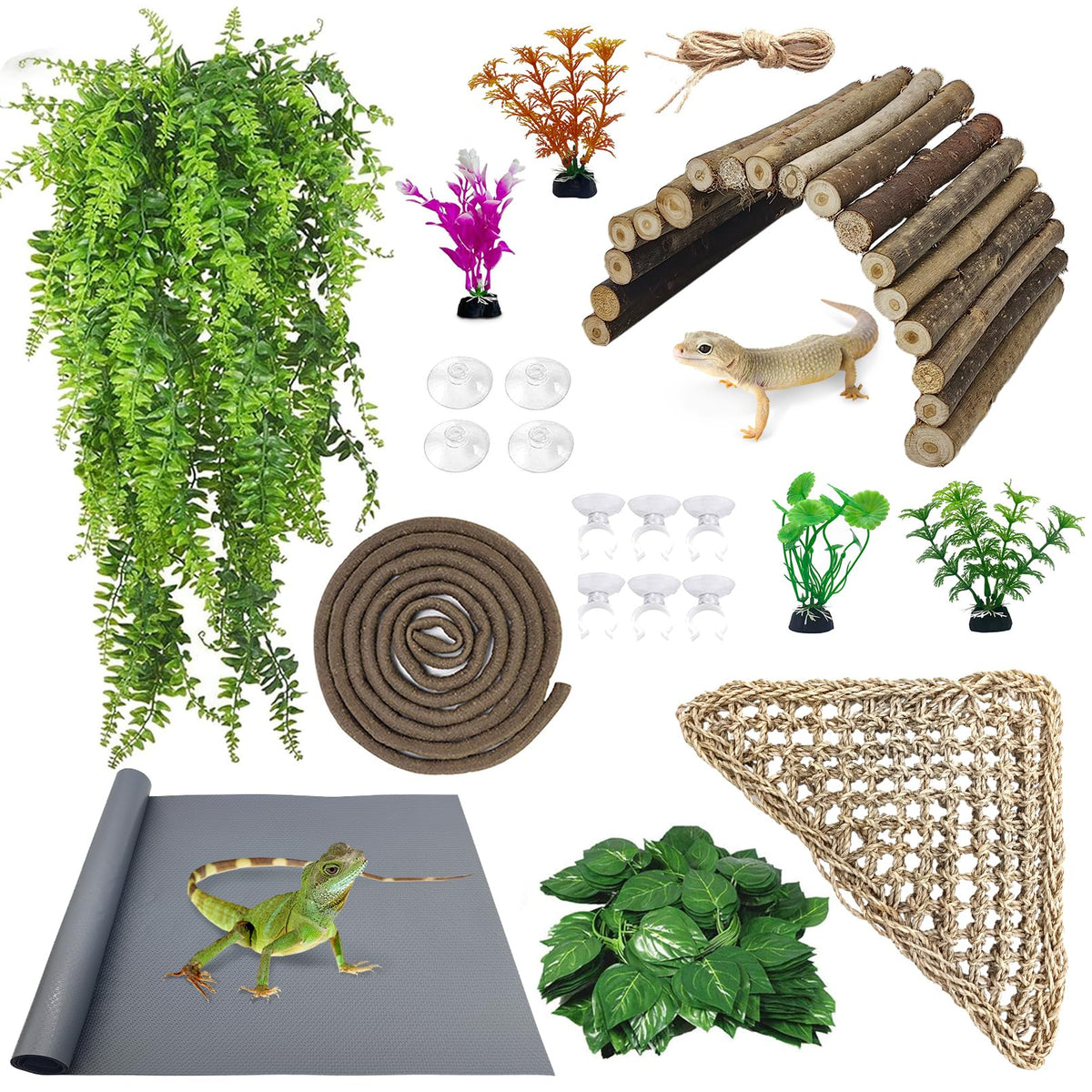 Kathson Bearded Dragon Tank Accessories Kit wooden tunnel hut provides secure hiding and climbing space.
