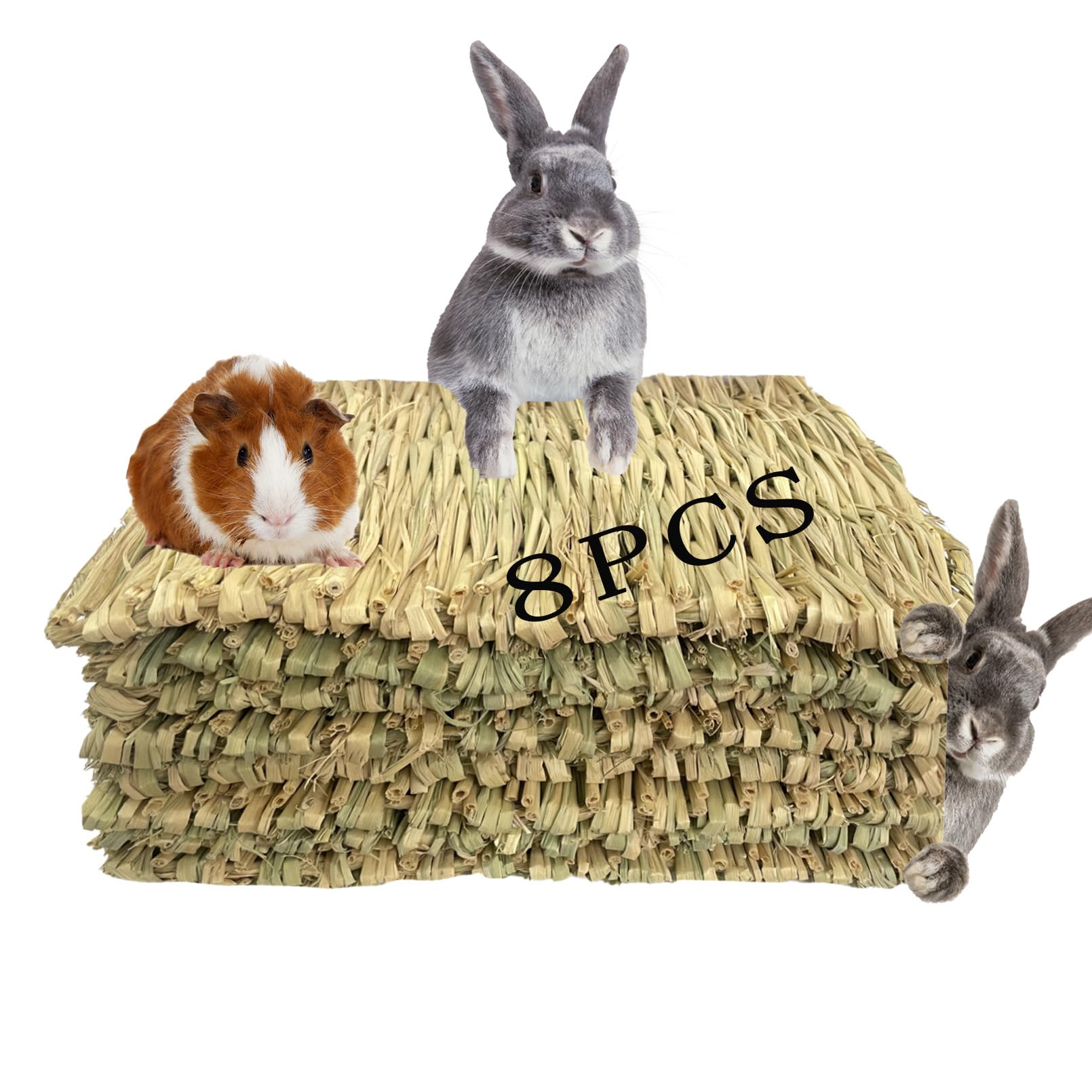 Kathson grass mats inside rabbit cage offer natural bedding and chew surface.