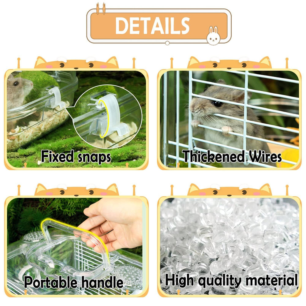 Kathson hamster travel cage shows contents packed for portable play and hydration.