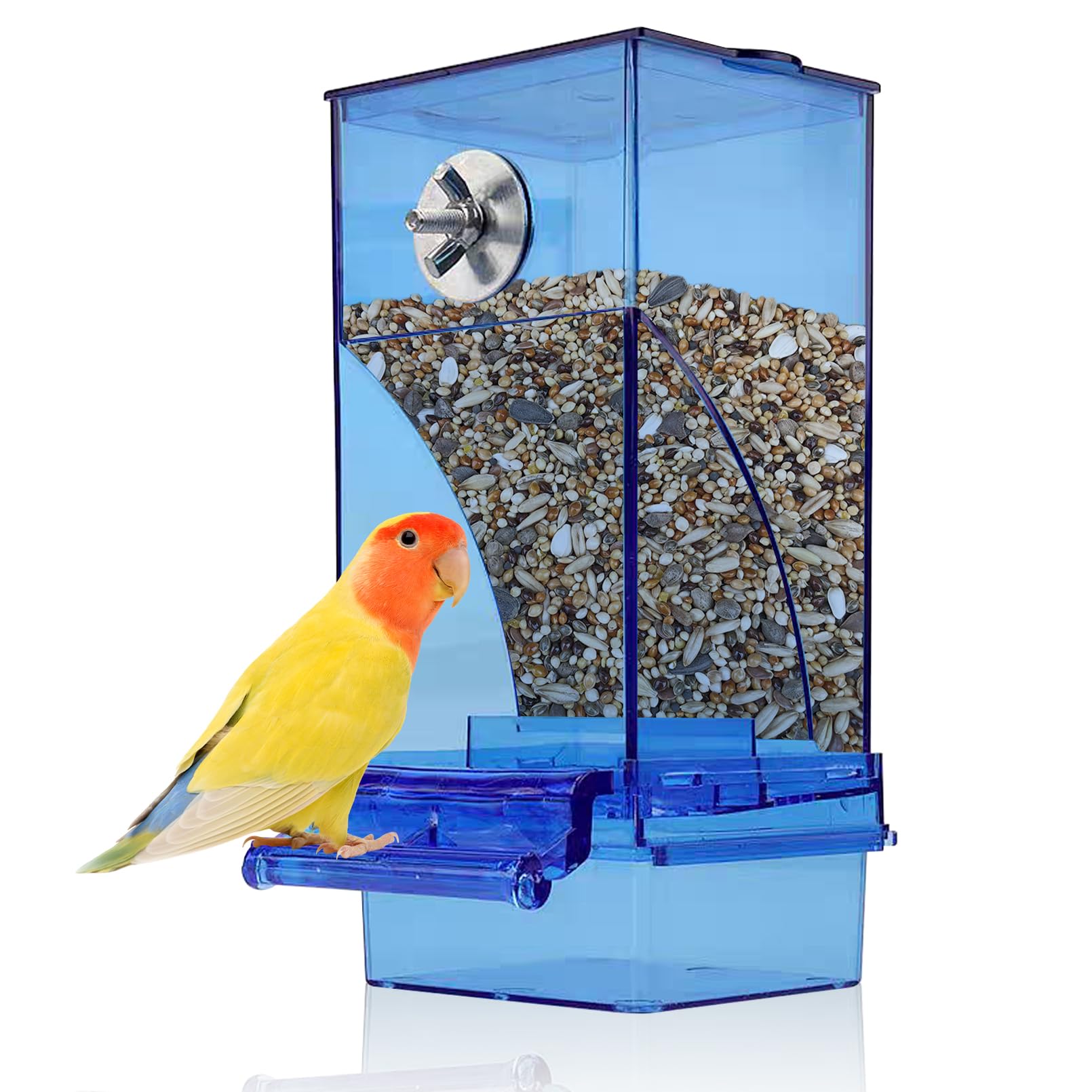 Kathson no-mess bird feeder front view highlights tidy feeding and accessible design.