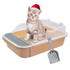 Kathson Open Cat Litter Box Khaki front view highlights compact size for small cats and easy setup.