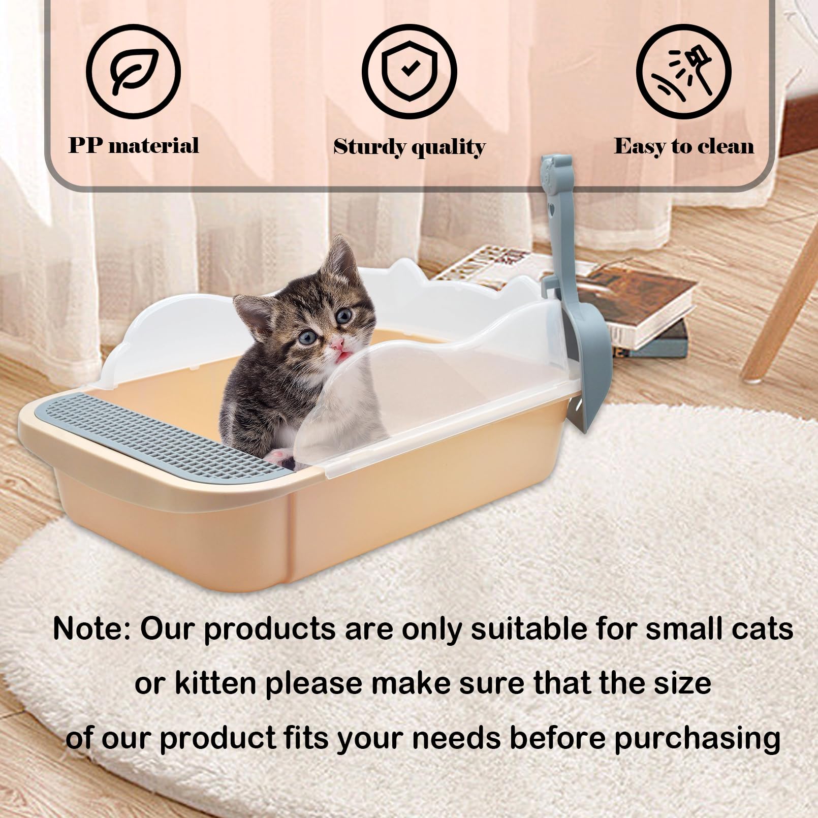 Kathson Open Cat Litter Box Khaki removable scoop included for fast cleanup.