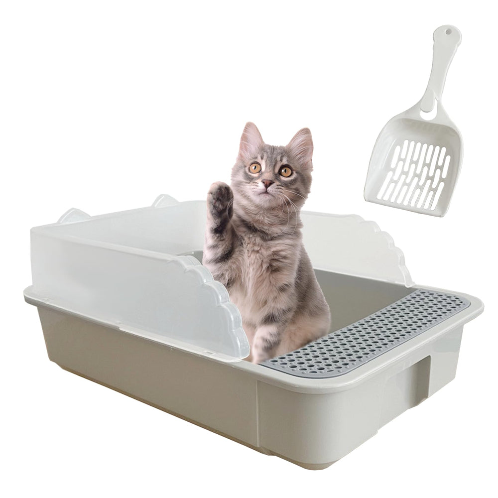 Kathson open small cat litter box grey front view for easy access and cleaning