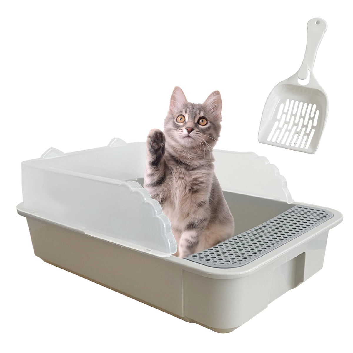 Kathson open small cat litter box grey front view for easy access and cleaning