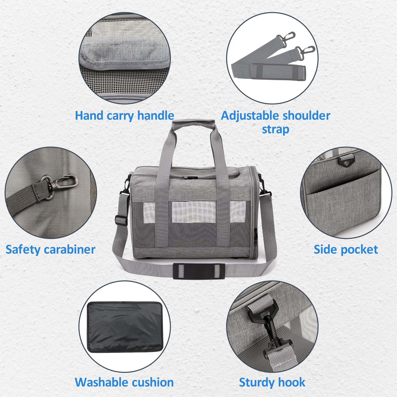 Kathson small animal carrier bag grey in use during travel by car