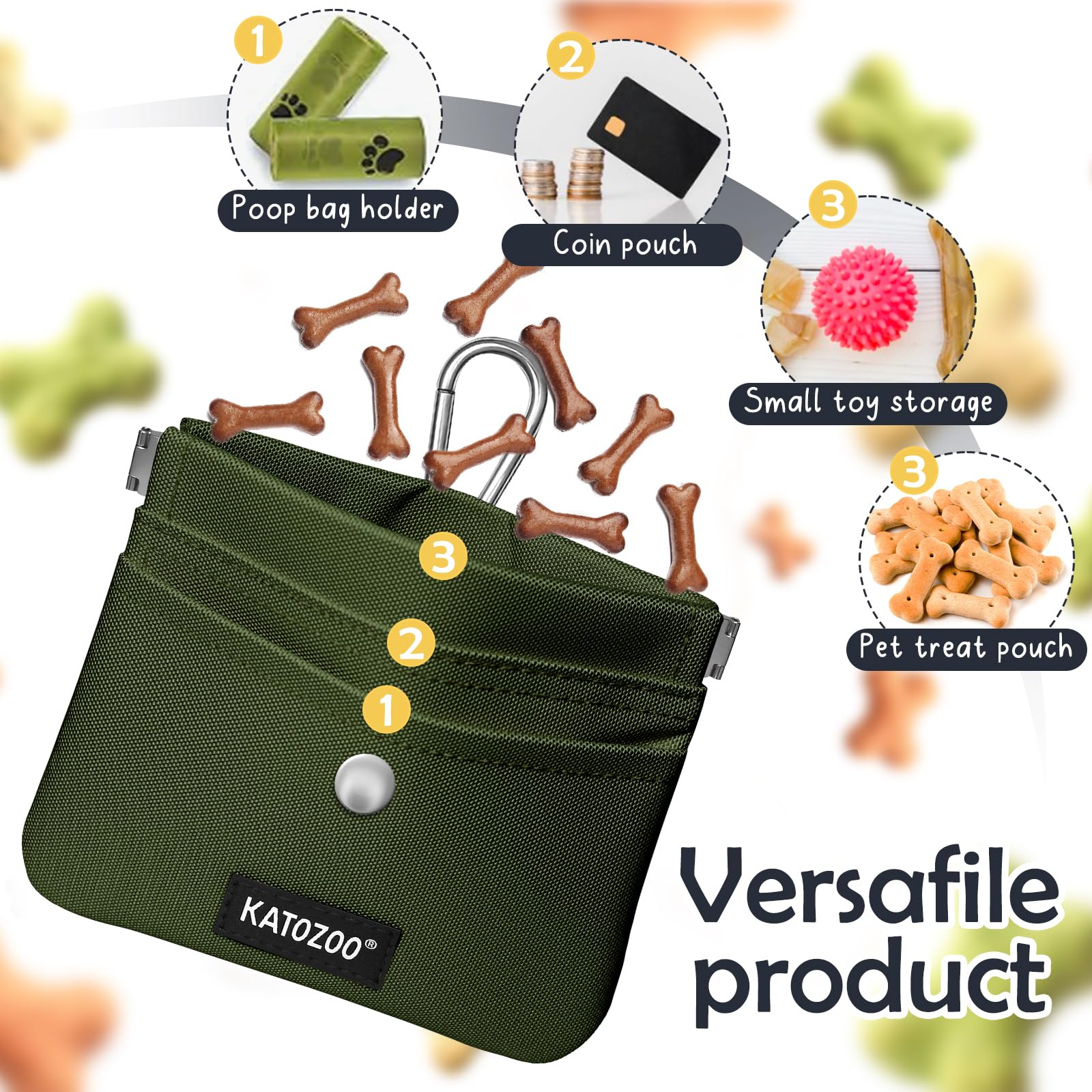 KATOZOO dog treat pouch shows carabiner clip for hands-free attachment during hikes