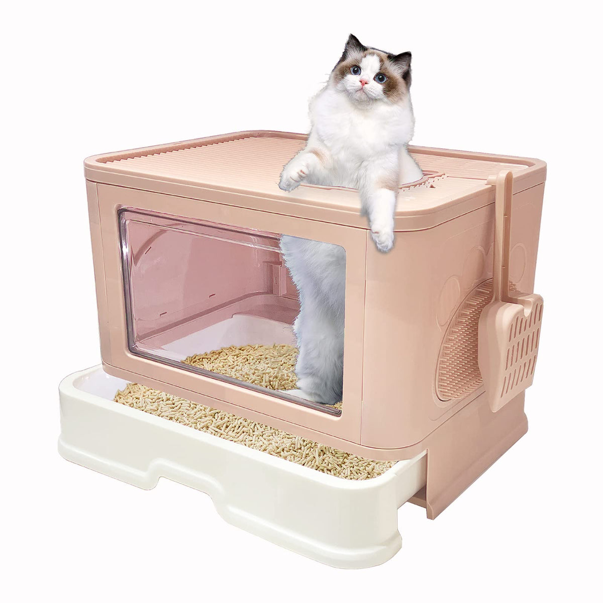 Kattypet foldable enclosed top-entry cat toilet front door for quick cleaning access