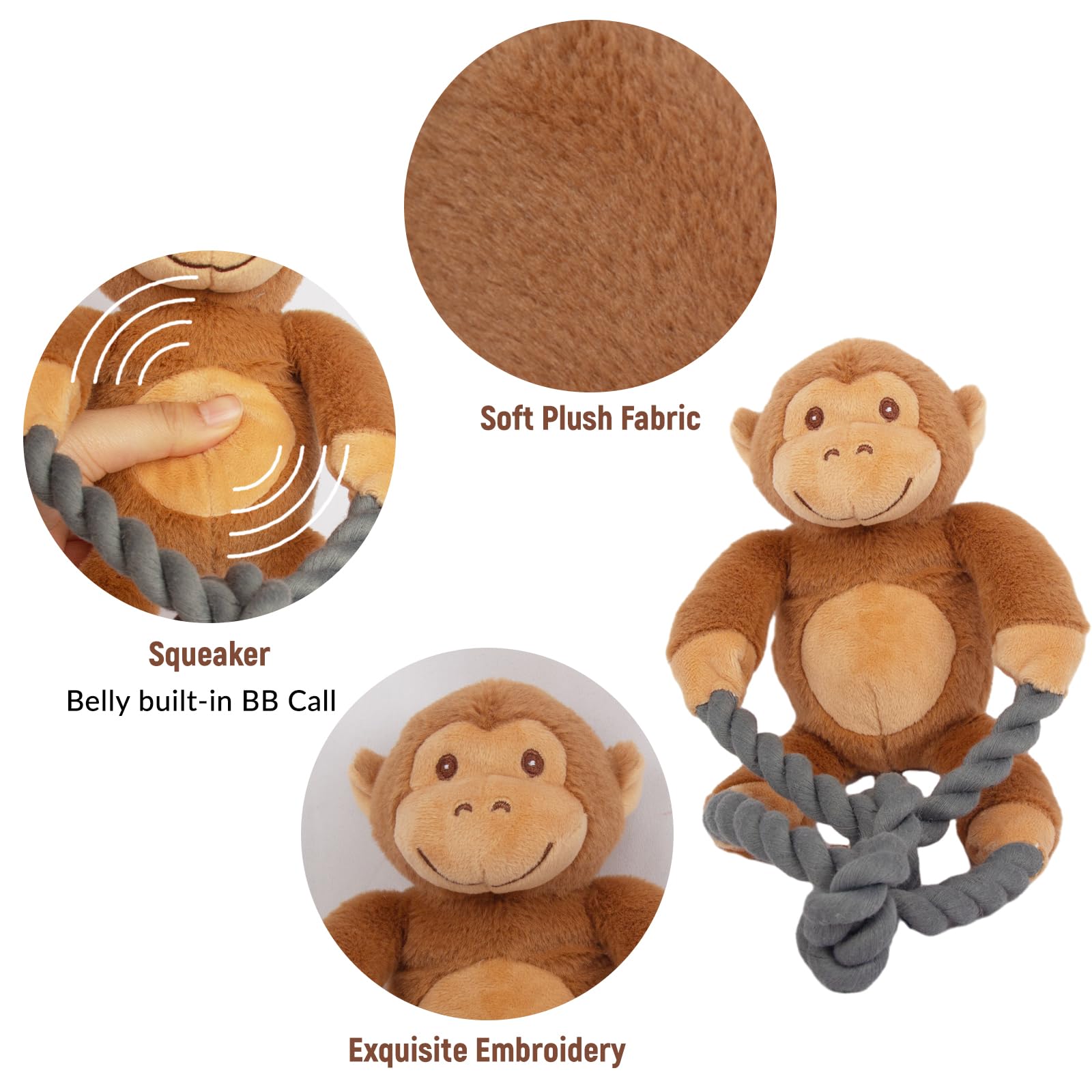 kattypet monkey plush squeaky dog toy pink closeup stitching shows reinforced seams for durability