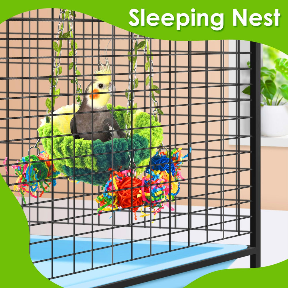 KATUMO Bird Nest decor toys shows colorful rattan balls for chewing fun.