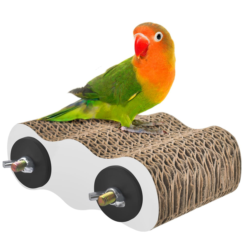 KATUMO bird perch stand close-up shows durable corrugated paper for safe chewing and play.