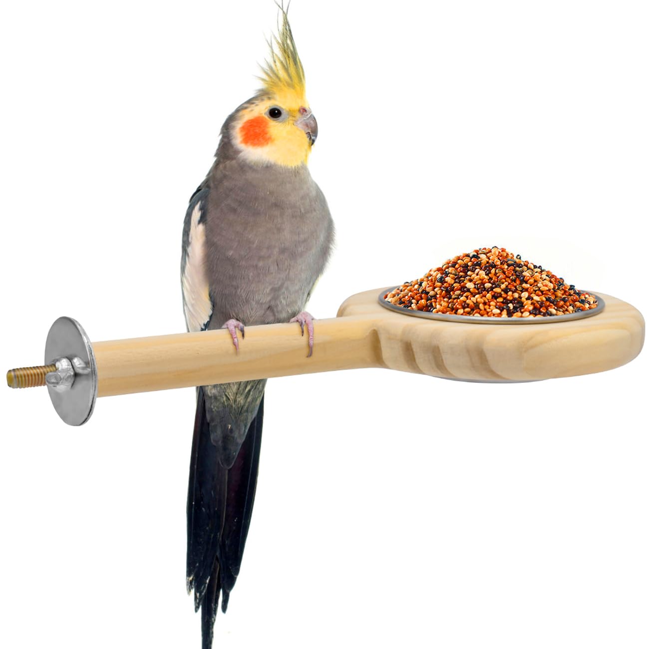 KATUMO bird wood perch with bowl provides a stable feeding perch for small birds.