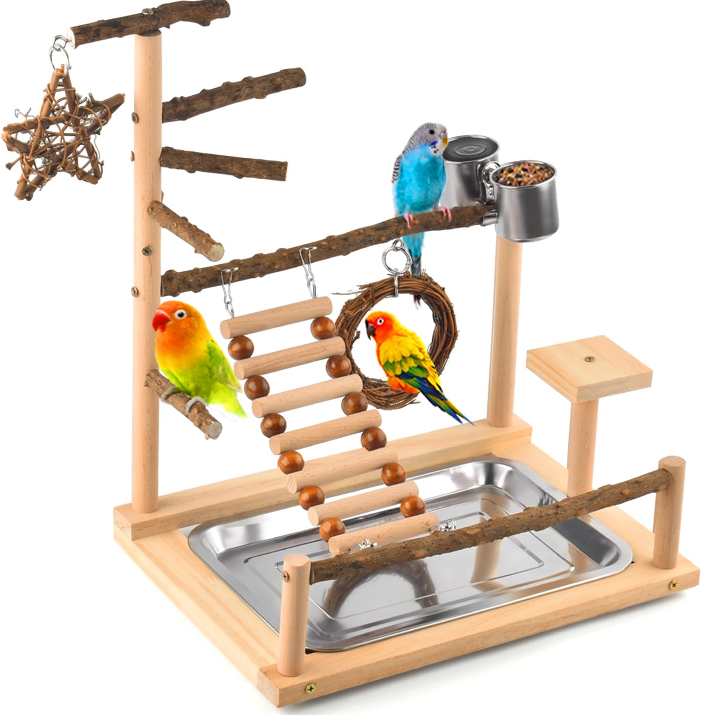 KATUMO Bird Playground natural wood perches encourage active play and exploratory clambering.
